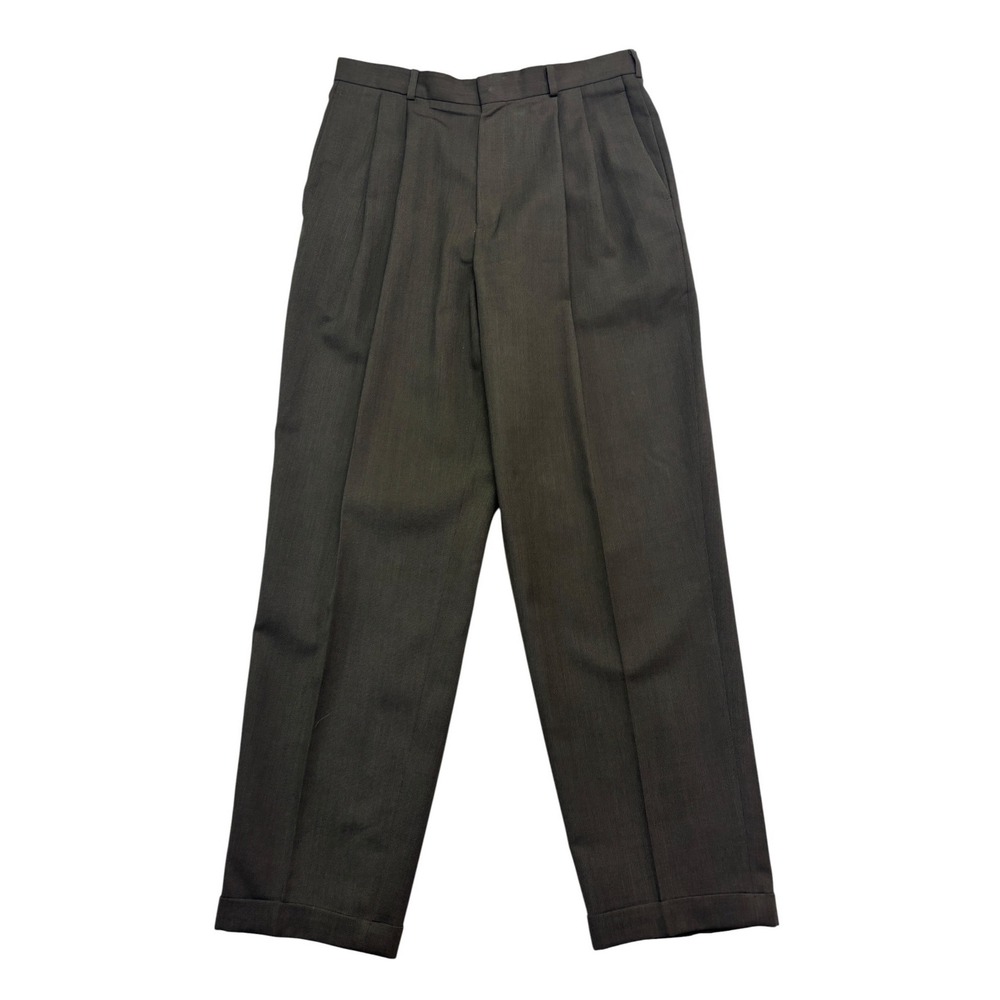 vtg 90s Slates 33x32 Olive Dress Pants Trousers Pleated Wool High Waisted Cuffed